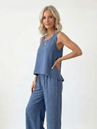 Dreamcatcher Crochet-Back two-piece set with sleeveless top and wide-leg pants in linen-look fabric