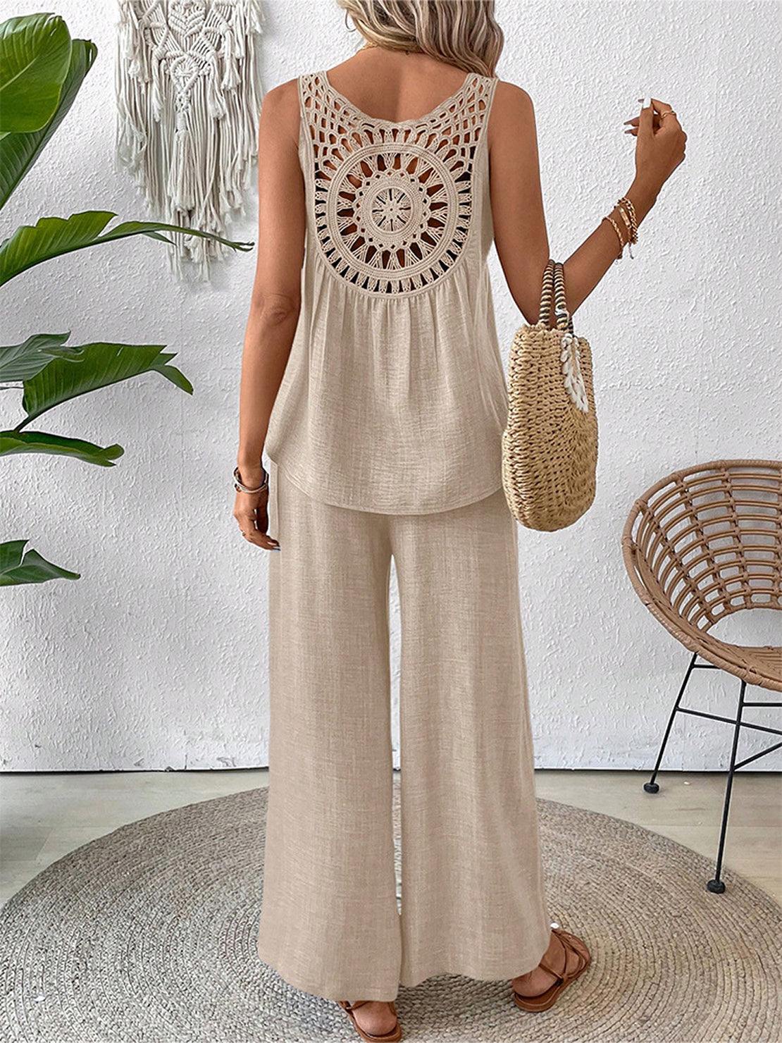 Dreamcatcher Crochet-Back two-piece set with sleeveless top and wide-leg palazzo pants in linen-look fabric