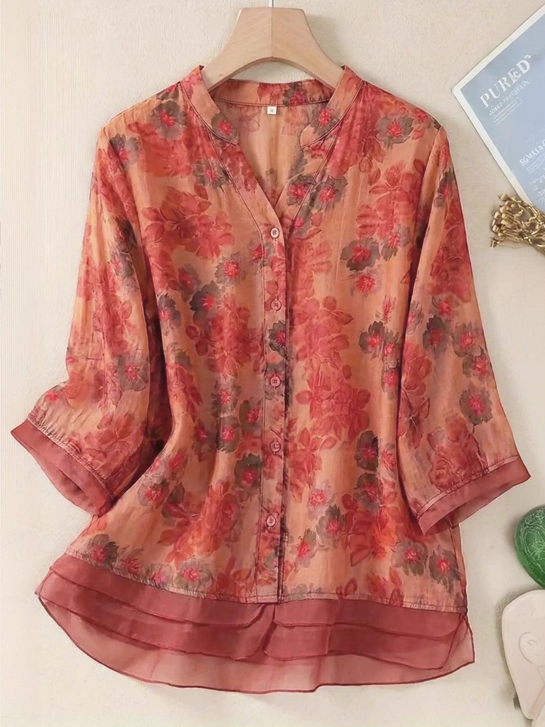 French boutique style organza floral print blouse with elegant, breathable fabric