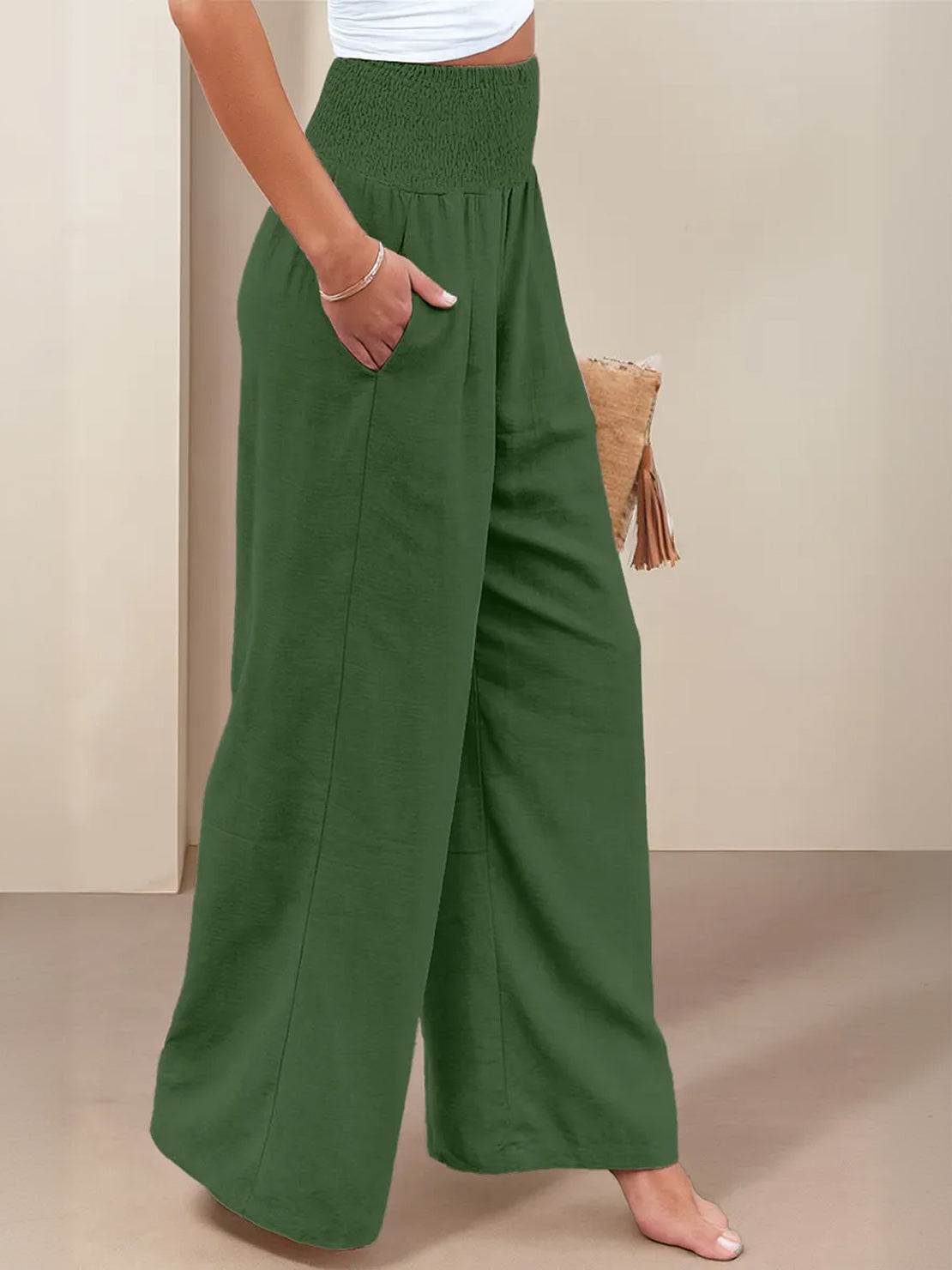 Women's high-waist olive green cotton linen palazzo pants with wide legs and pockets
