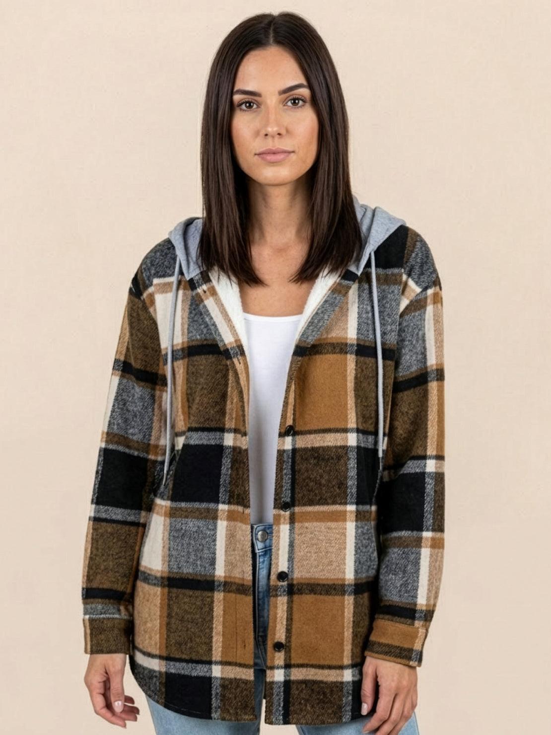 Highland Plaid Shacket with soft fleece lining and hood, perfect cozy plaid overshirt for layering in cool weather