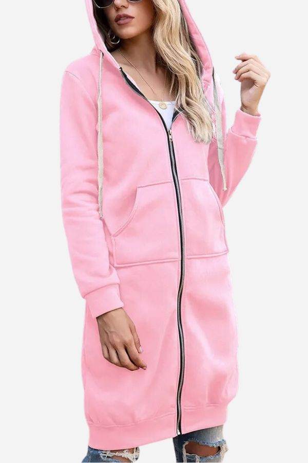 Women's oversized long zip sweatshirt hoodie in pink with front pockets and drawstring hood