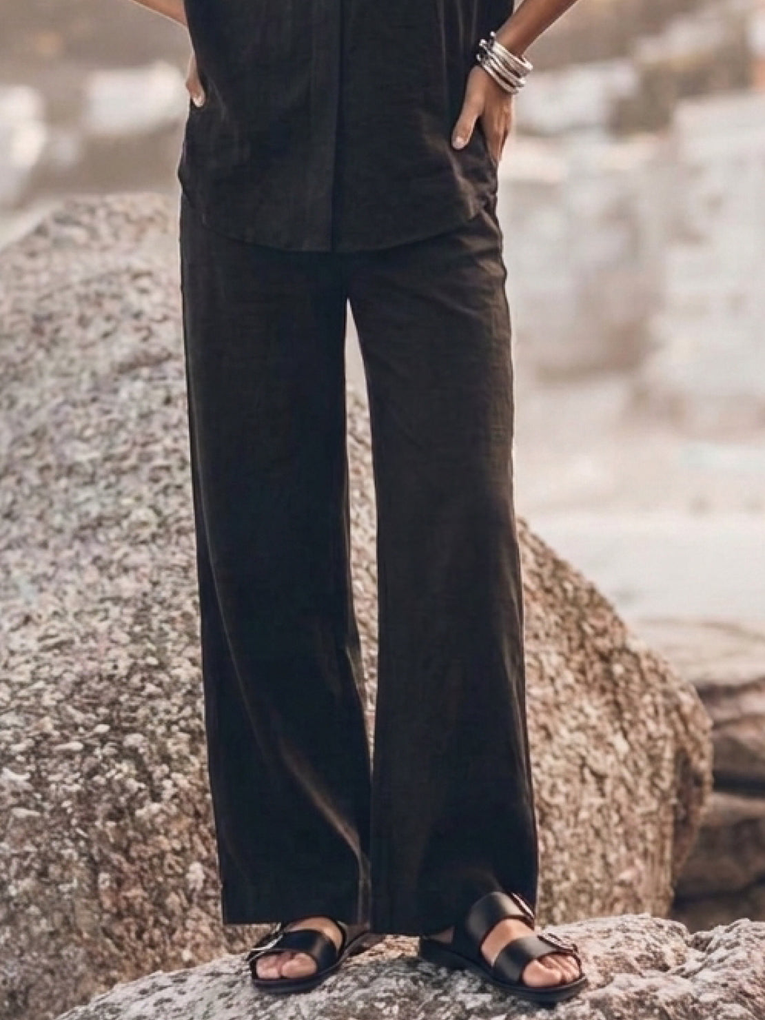 Model wearing oversized 100% cotton shirt and wide-leg pants co-ord set in relaxed fit