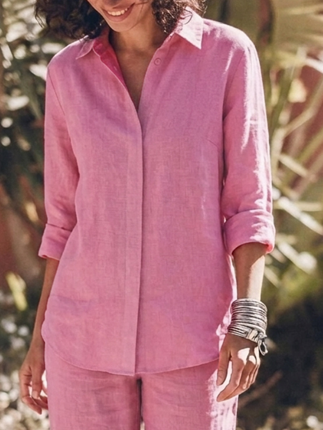 Model wearing oversized 100% cotton shirt with wide-leg pants co-ord set in relaxed fit