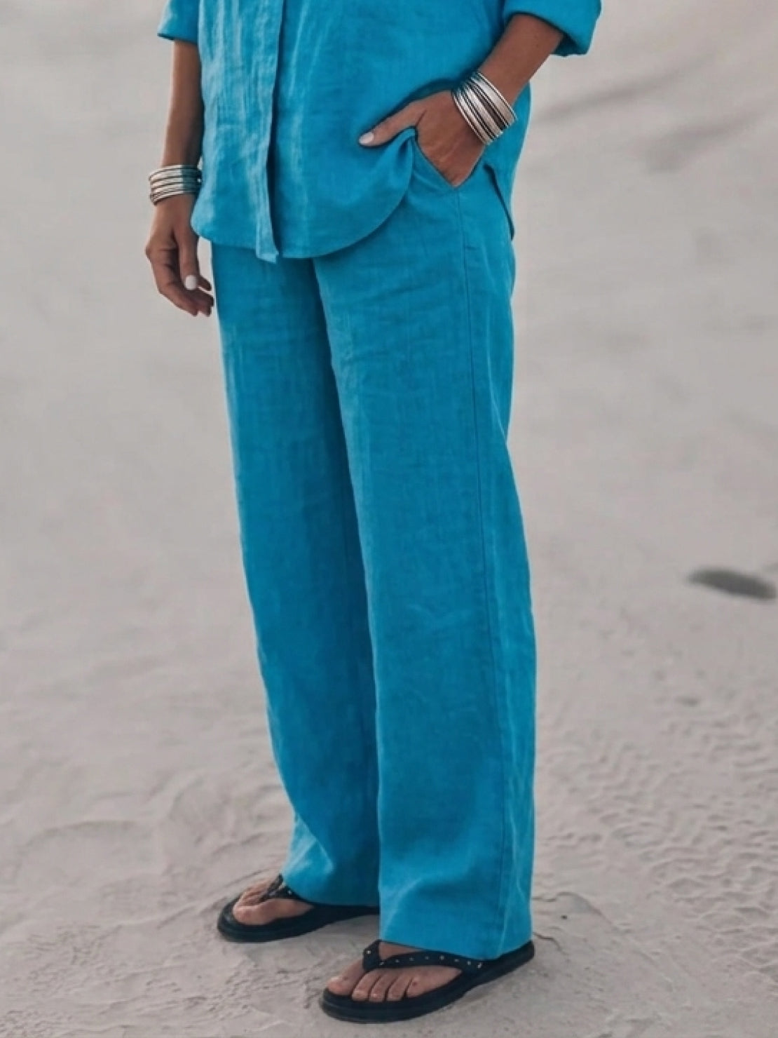 Model wearing oversized 100% cotton shirt and wide-leg pants co-ord set in relaxed fit