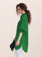 Oversized linen shirt with relaxed fit and back button detail in breathable cotton-linen blend