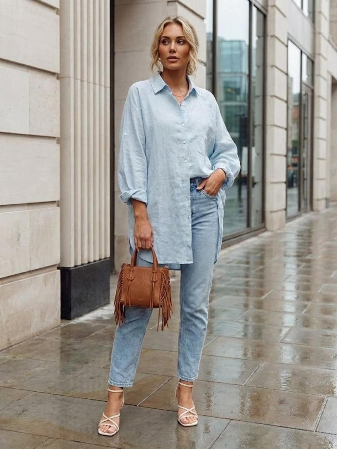 Oversized linen shirt in white breathable cotton-linen blend with relaxed fit and button back detail