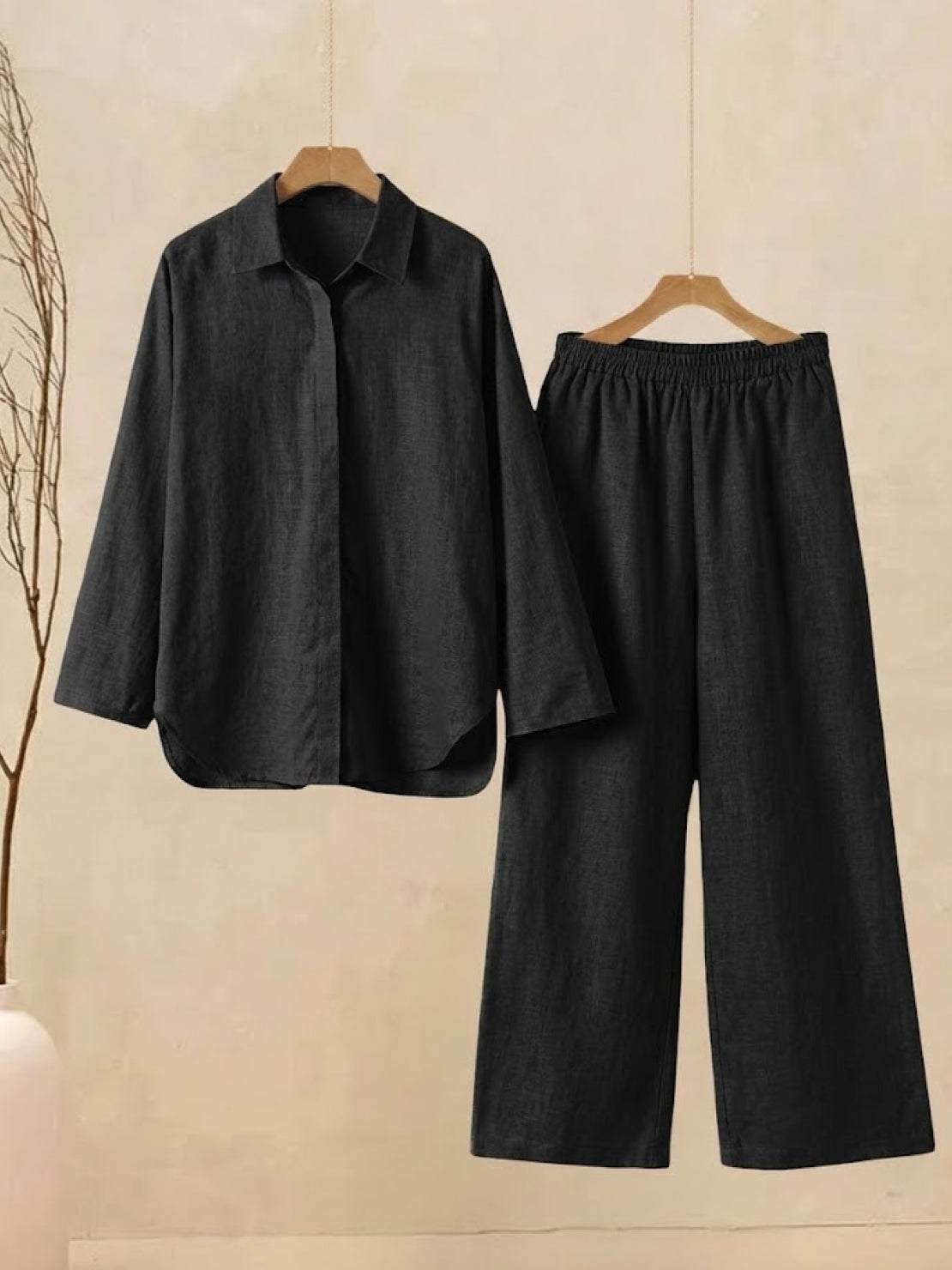 oversized 100 cotton shirt and wide-leg pants co-ord set in black