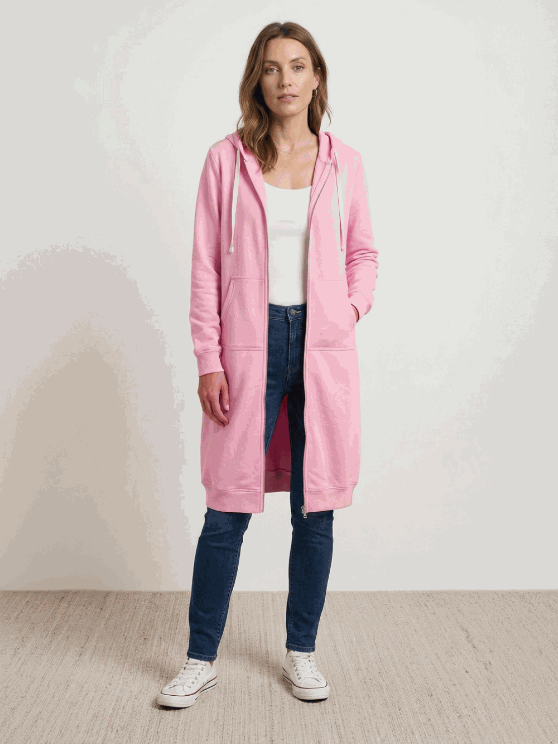 oversized long zip sweatshirt hoodie with fleece lining and drawstring hood