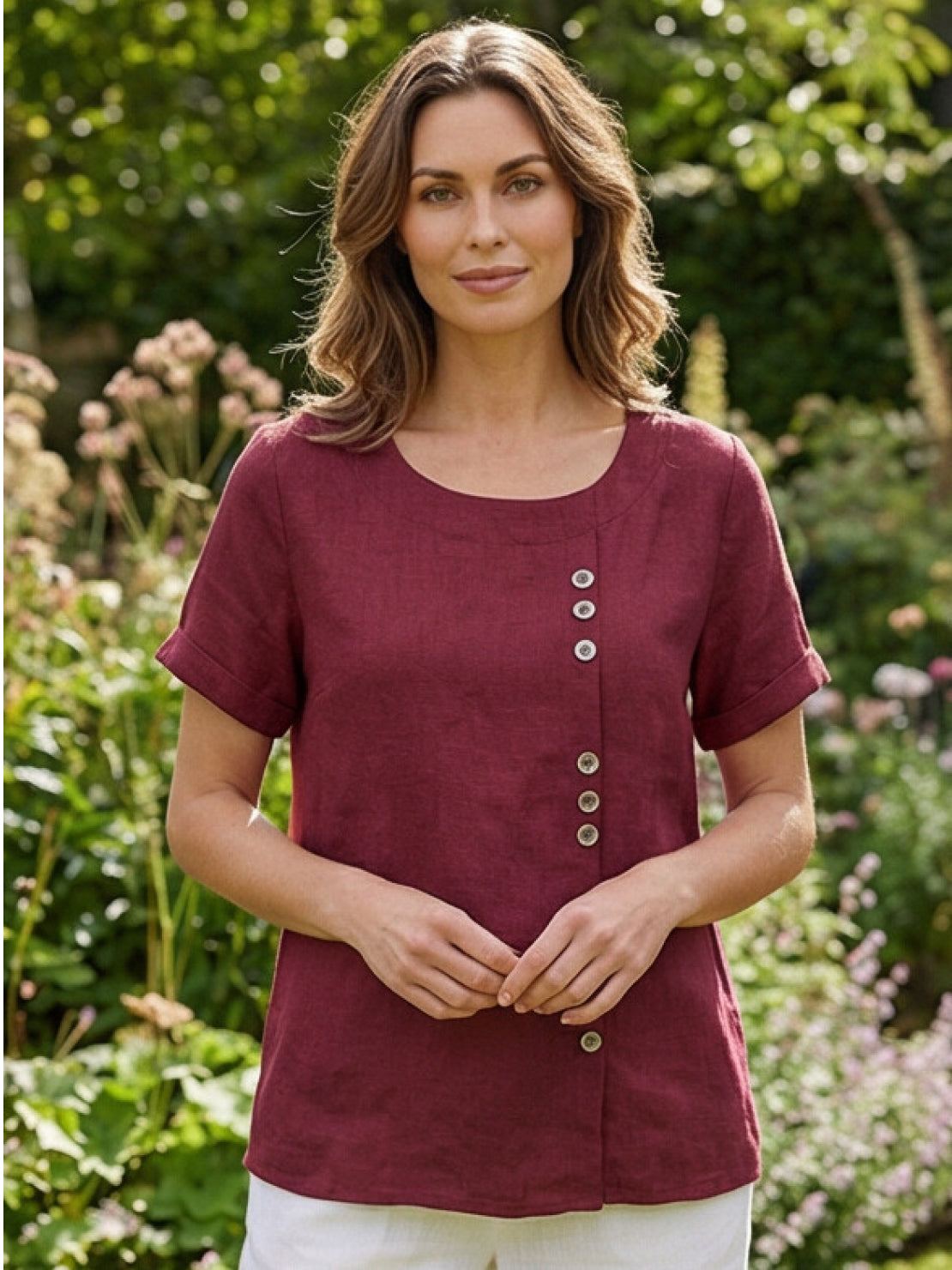 Relaxed Fit Linen Button-Up Tee with breathable cotton linen fabric and stylish button detail