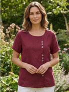 Relaxed Fit Linen Button-Up Tee with breathable cotton linen fabric and stylish button detail