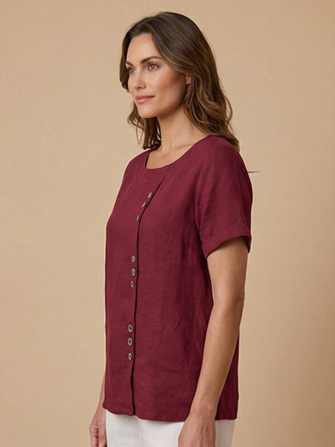 Relaxed Fit Linen Button-Up Tee soft breathable cotton fabric with button detail and loose fit