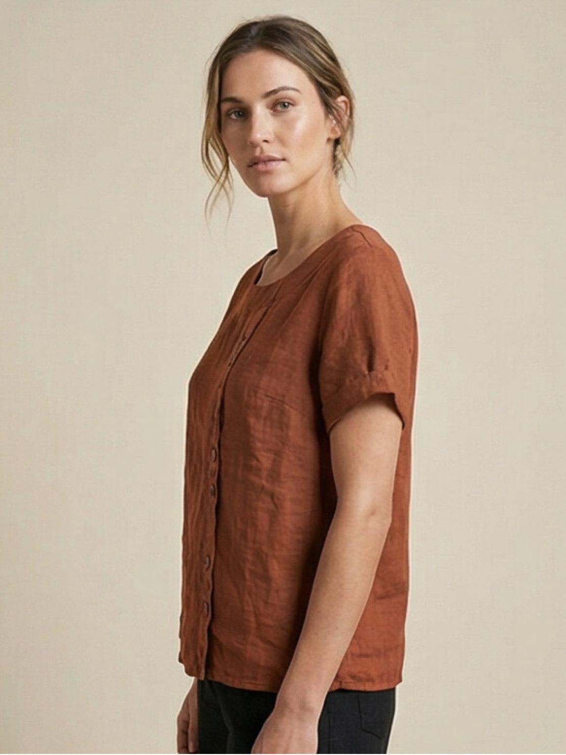 Relaxed fit linen button-up tee with breathable cotton fabric and stylish button detail