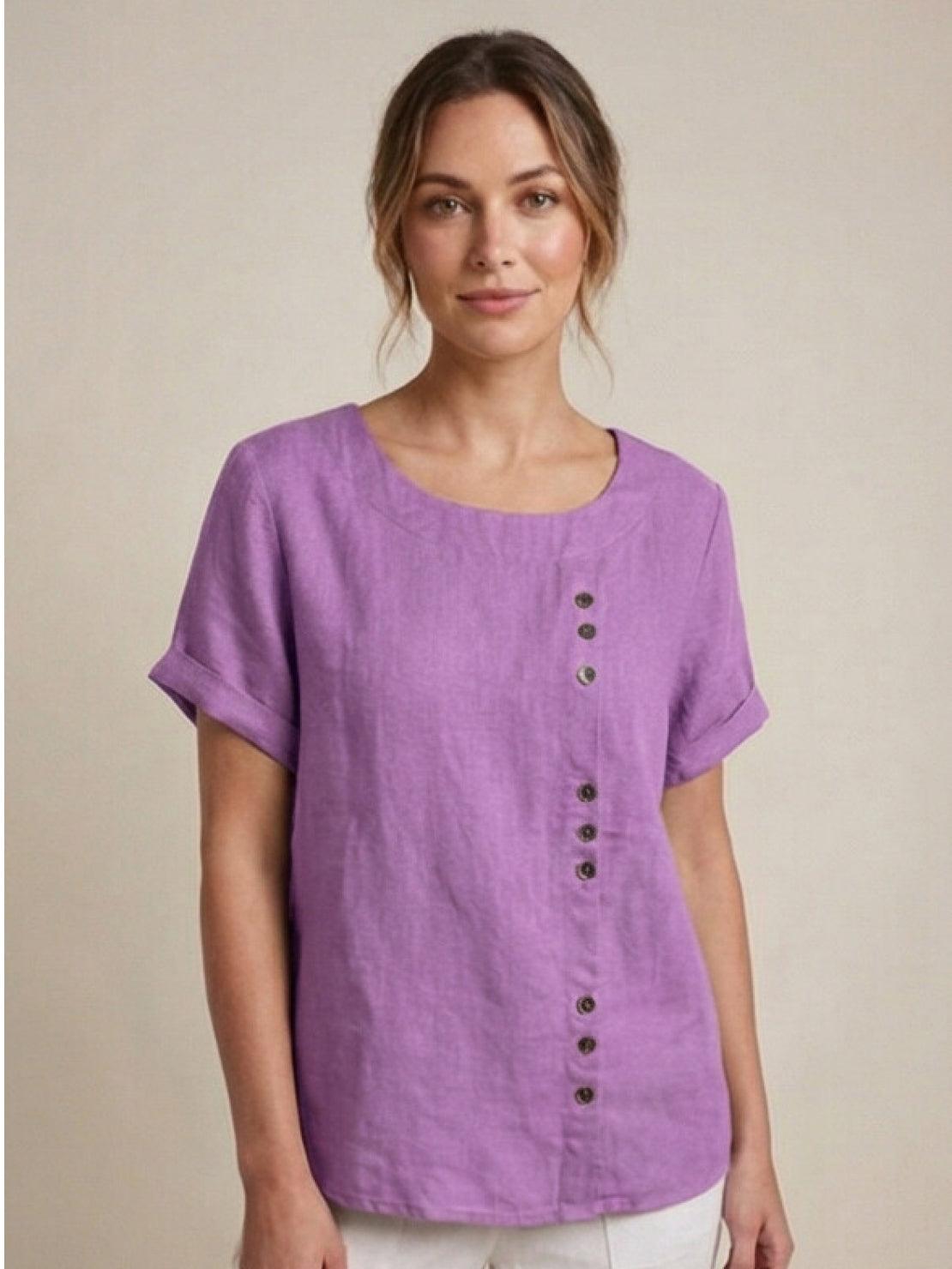 Relaxed Fit Linen Button-Up Tee with breathable cotton-linen fabric and stylish buttons