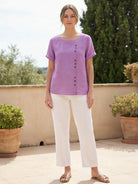 Relaxed Fit Linen Button-Up Tee in breathable cotton with short sleeves and button detail