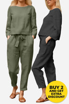 100 cotton linen monochrome two-piece set with long sleeves and relaxed fit pants in green and black colors