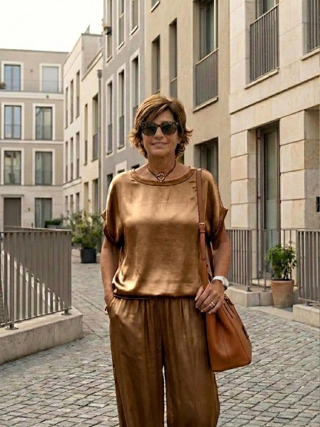 Silken Escape Satin Two-Piece Set with wide-leg pants and slim top in silky wrinkle-resistant fabric