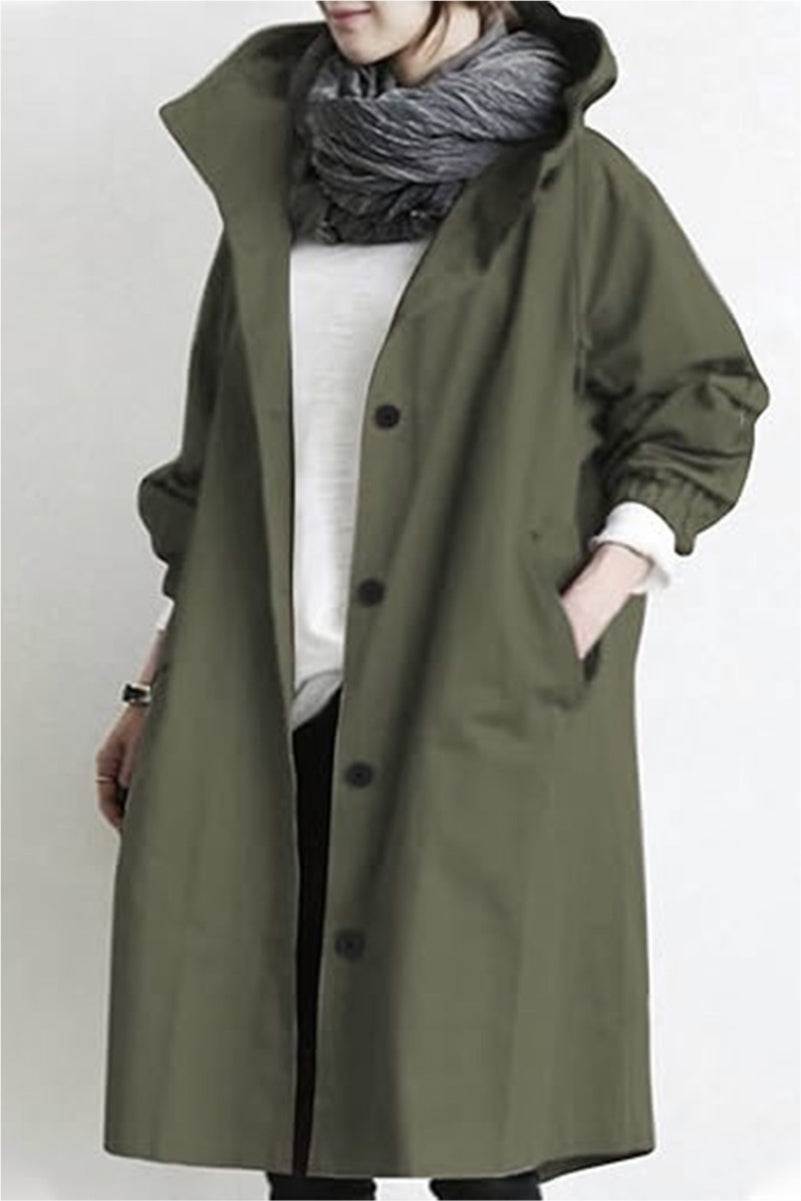 Trendy oversized olive green Rain Couture Windbreaker with water-resistant fabric and front buttons.