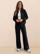 The Voyager Zip Set women's matching zip-front sweatshirt and wide-leg joggers travel outfit