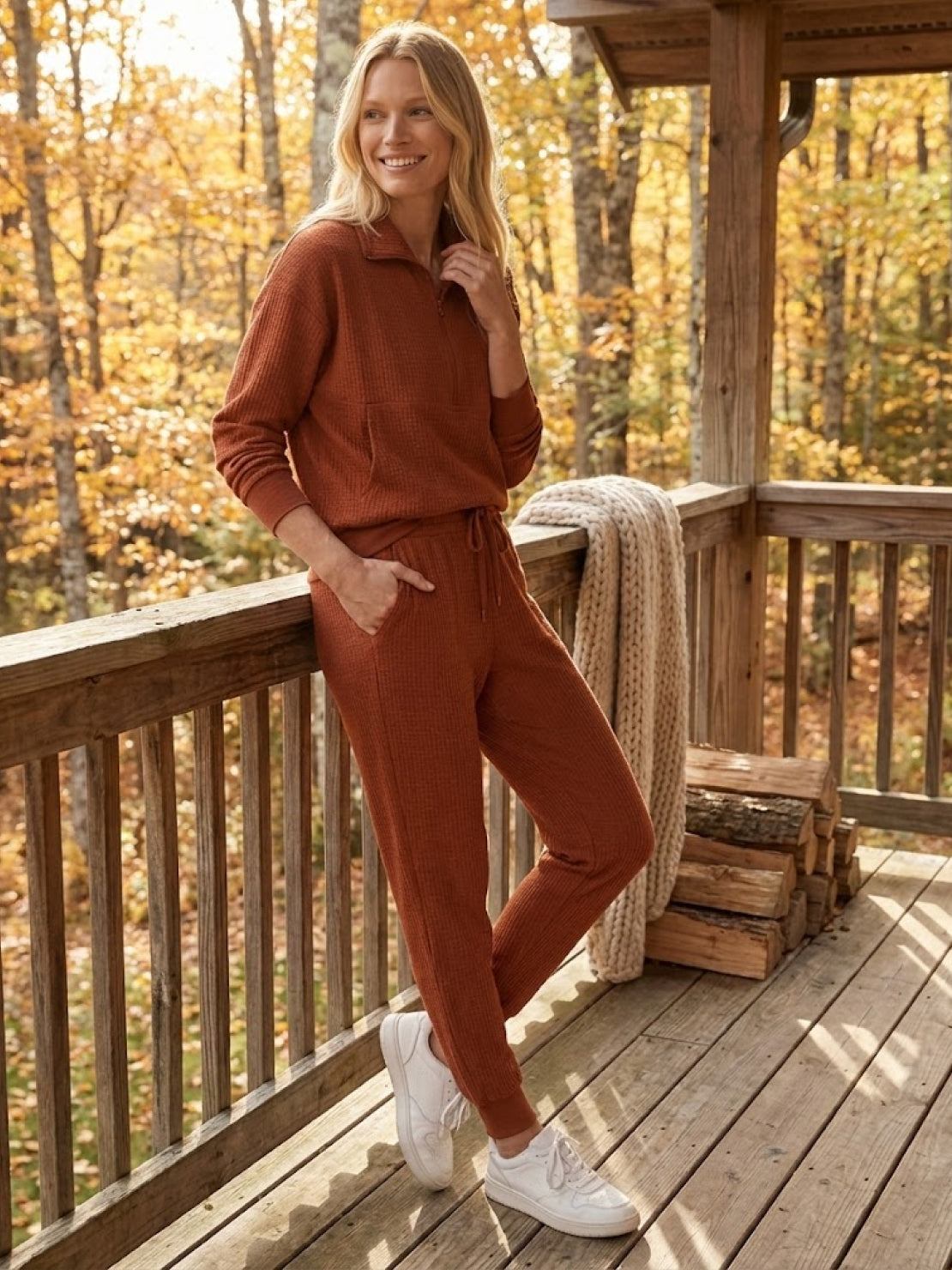 Unisex half-zip pullover and sweatpants set in soft polyester fabric for casual comfort and travel