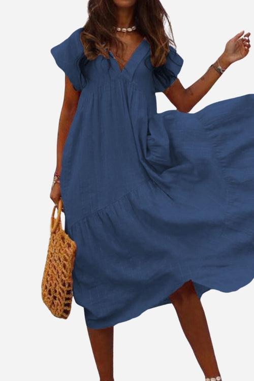 V Neck Tiered Cotton Midi Dress