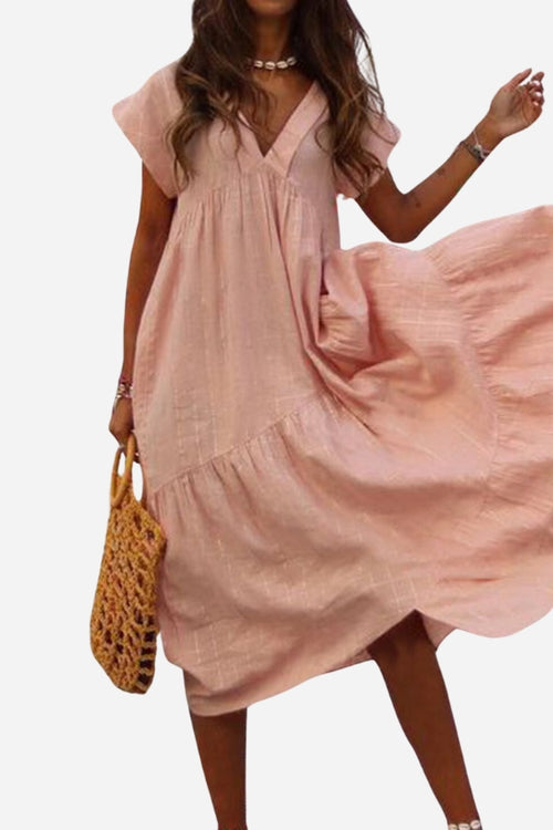 V Neck Tiered Cotton Midi Dress