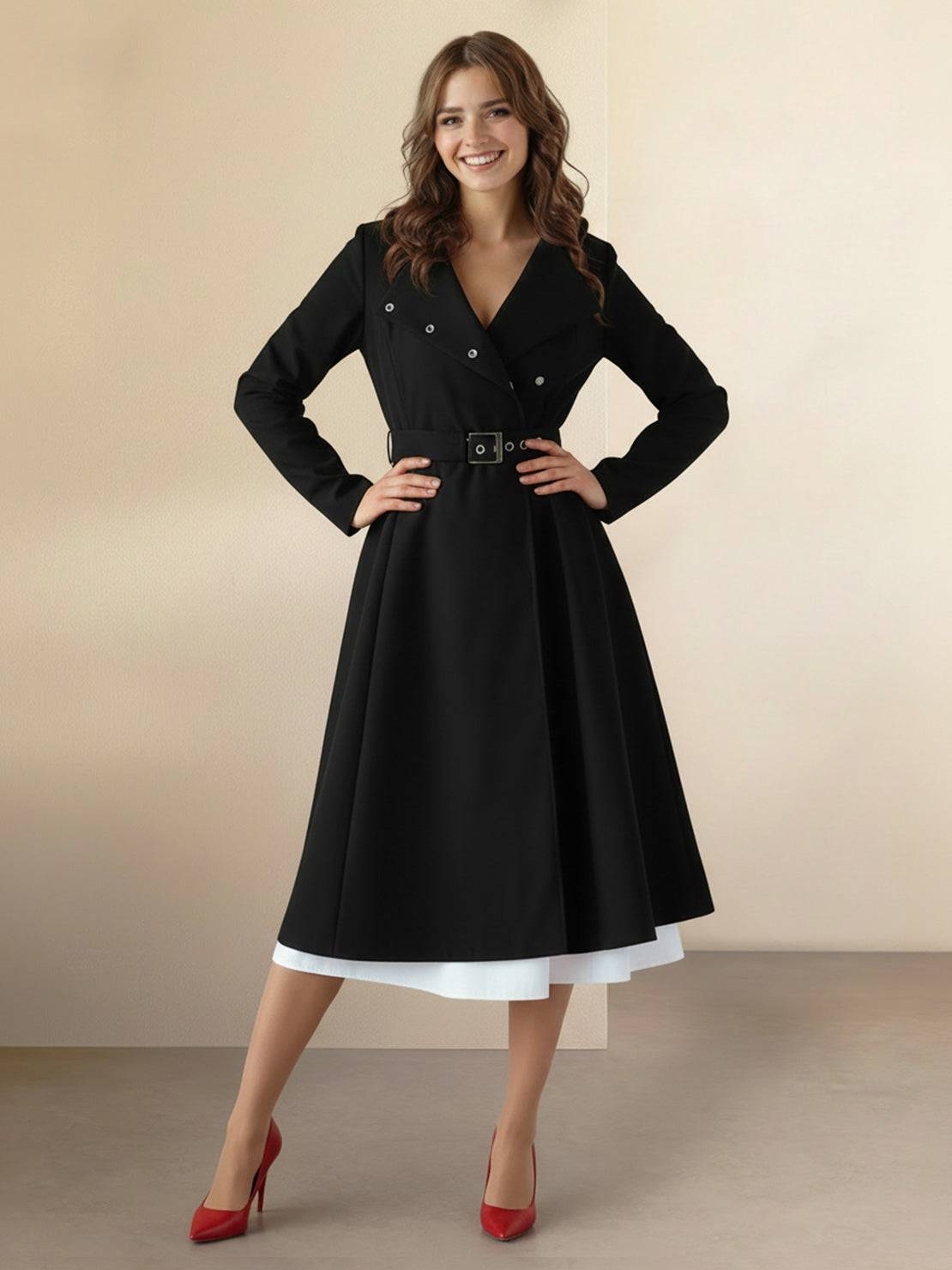 Women's water-repellent rain A-line hooded coat with insulated lining and belt