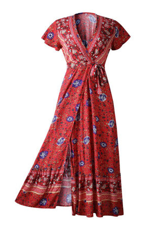 Bohemian Floral Print Wrap Dress