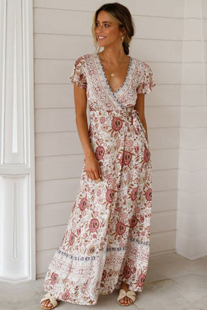 Bohemian Floral Print Wrap Dress